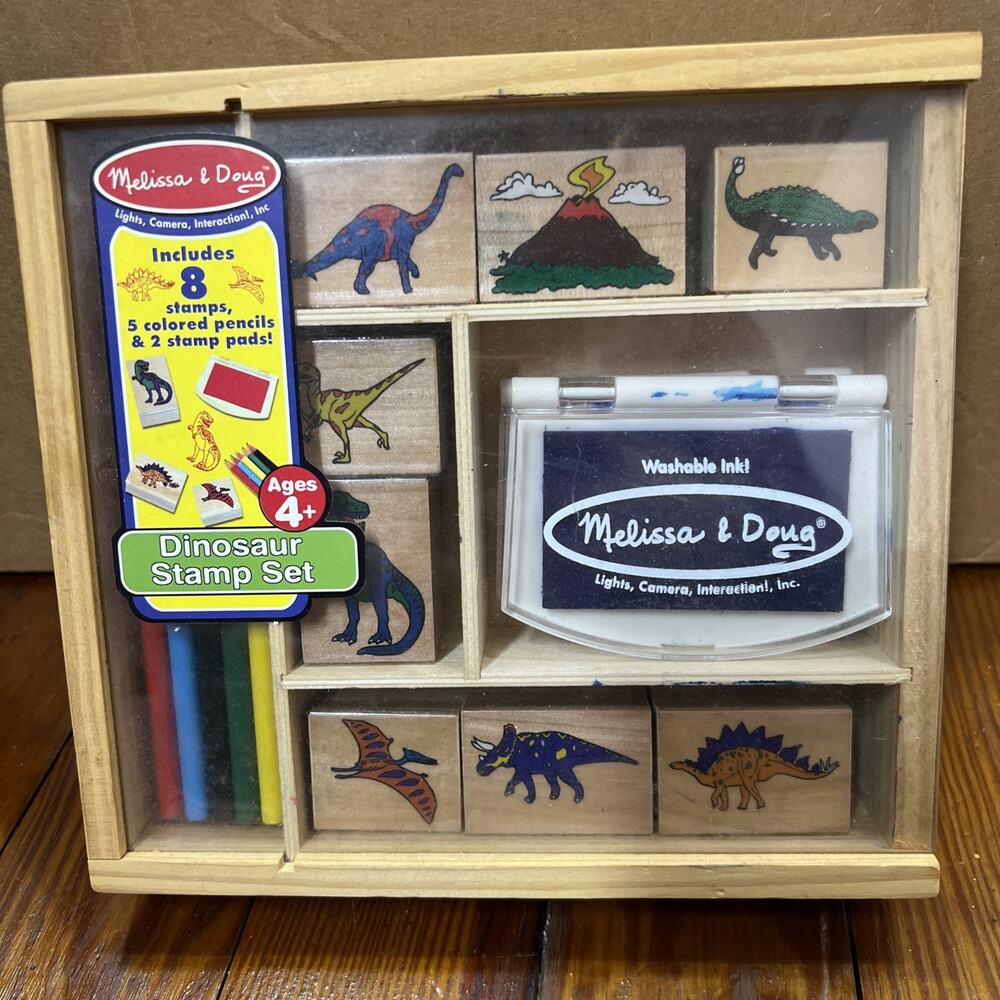 Melissa And Doug Dinosaur Wood Stamp Set 8 Stamps 5 Colored Pencils 2 Stamp Pads